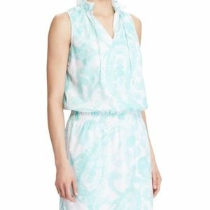 "LAUREN RALPH LAUREN" AQUA & WHITE ABSTRACT PRINT CASUAL MINI DRESS SIZE: S $145